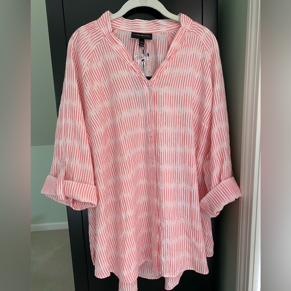 Lane Bryant roll tab sleeve blouse, pink and white stripe, size 18/20, nwt